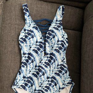 Blue Tie-dye one piece swim suit with deep cut criss-cross front